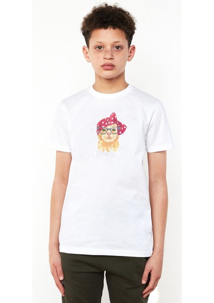 Watercolor Cat Glasses Baskılı Unisex Çocuk Beyaz T-Shirt