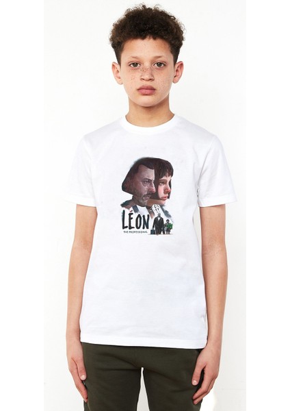 Leon Baskılı Unisex Çocuk Beyaz T-Shirt