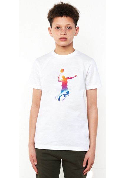 Watercolor Badminton Baskılı Unisex Çocuk Beyaz T-Shirt