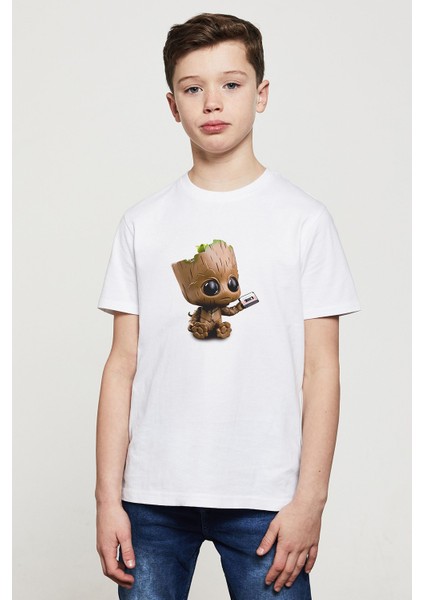 I Am Groot Tape Baskılı Unisex Çocuk Beyaz T-Shirt