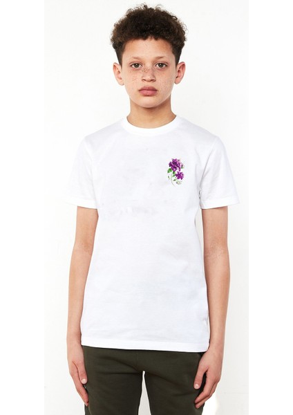 Mor Çiçek Baskılı Unisex Çocuk Beyaz T-Shirt