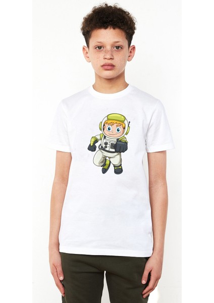 Astronot Çocuk Baskılı Unisex Çocuk Beyaz T-Shirt