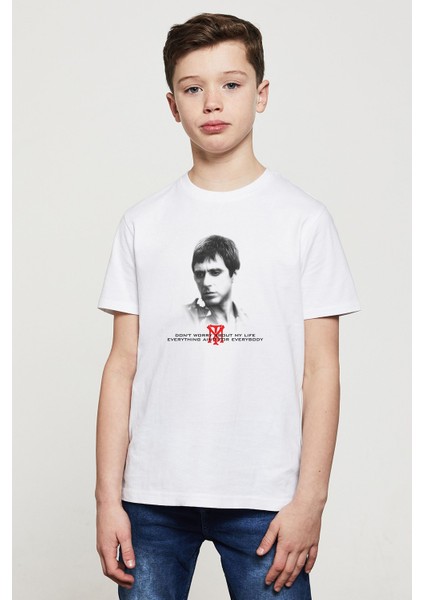 Tony Montana Baskılı Unisex Çocuk Beyaz T-Shirt