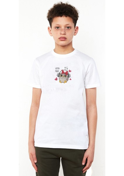 Gri Baykuş Müzik Dinleme Illüstrasyon Baykuş Baskılı Unisex Çocuk Beyaz T-Shirt