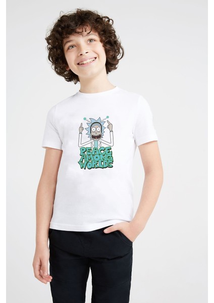 Rick Peace Baskılı Unisex Çocuk Beyaz T-Shirt