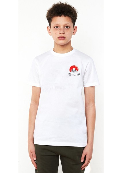 Watercolor Volcano Yanar Dağ Baskılı Unisex Çocuk Beyaz T-Shirt