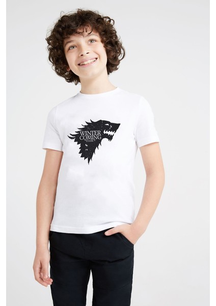 Game Of Thrones Baskılı Unisex Çocuk Beyaz T-Shirt