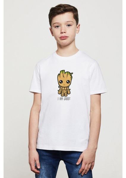 I Am Groot Baskılı Unisex Çocuk Beyaz T-Shirt