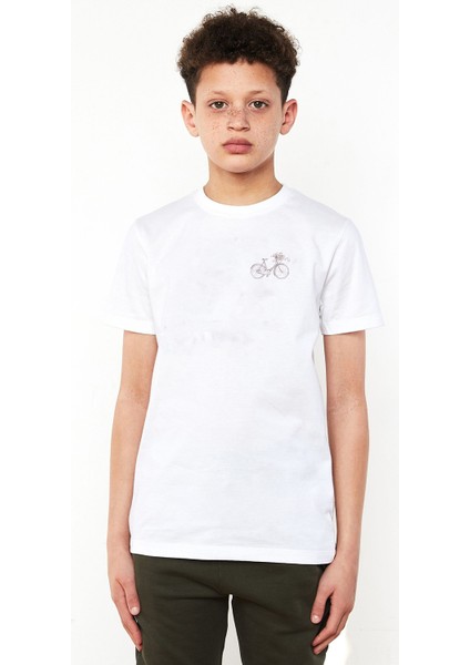 Sepeti Çiçeklerle Dolu Bisiklet Göğüs Baskılı Unisex Çocuk Beyaz T-Shirt