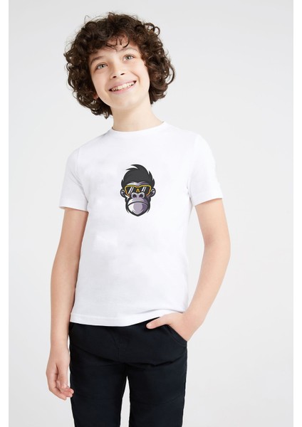 Cool Monkey Baskılı Unisex Çocuk Beyaz T-Shirt