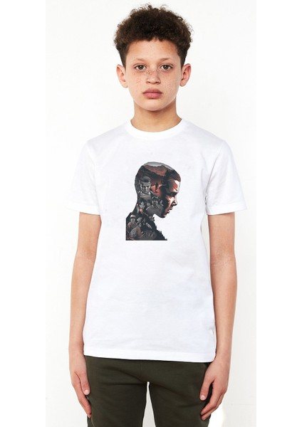 Stranger Things El Baskılı Unisex Çocuk Beyaz T-Shirt