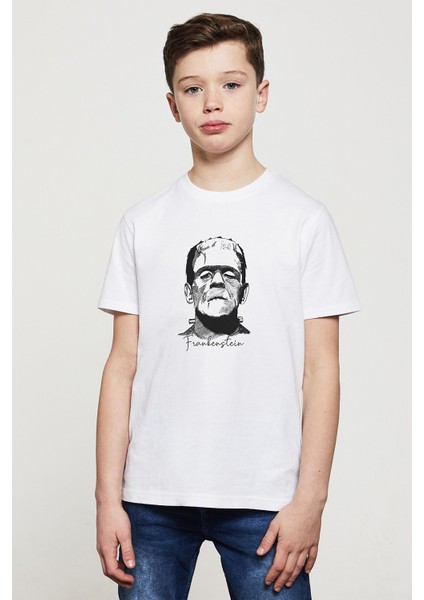 Frankenstein Baskılı Unisex Çocuk Beyaz T-Shirt