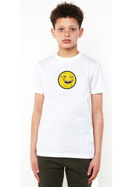Smile Trollface Internet Troll Gülümseme Yüz Baskılı Unisex Çocuk Beyaz T-Shirt