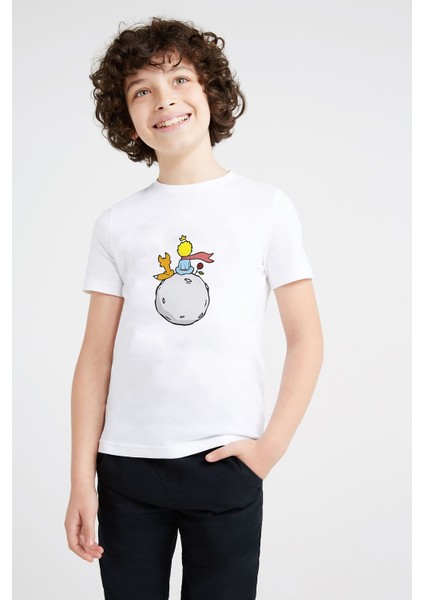 Küçük Prens Little Prince Gezegen Moon Baskılı Unisex Çocuk Beyaz T-Shirt