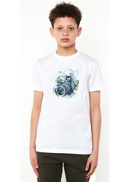 Fotoğraf Makinesi Objek Lens Camera Kamera Baskılı Unisex Çocuk Beyaz T-Shirt