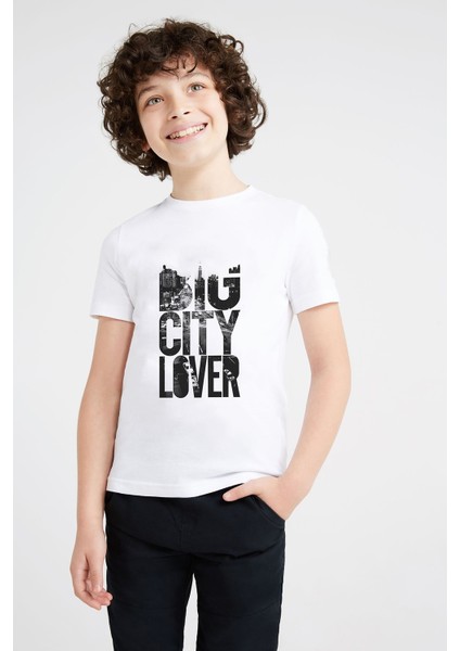 Big City Lover Baskılı Unisex Çocuk Beyaz T-Shirt
