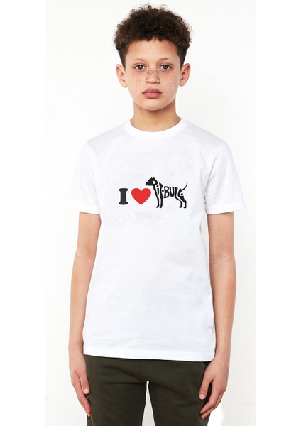 I Love Pitbull Baskılı Unisex Çocuk Beyaz T-Shirt