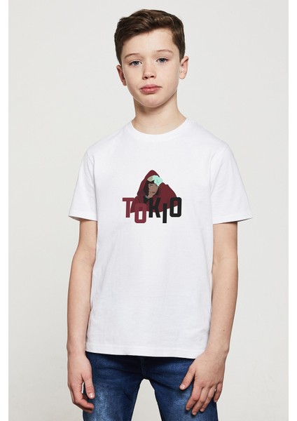 La Case De Papel Tokyo Tokio Baskılı Unisex Çocuk Beyaz T-Shirt