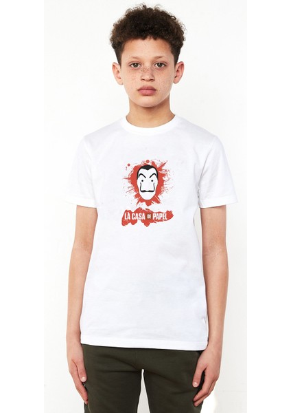 La Case De Papel Kırmızı Fırça Baskılı Unisex Çocuk Beyaz T-Shirt