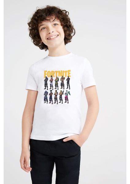 Fortnite Baskılı Unisex Çocuk Beyaz T-Shirt