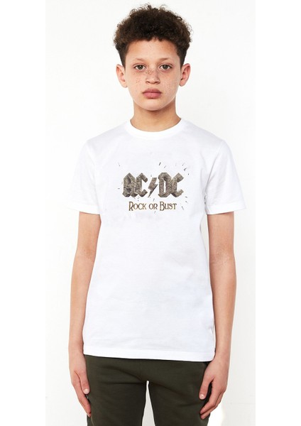 Ac Dc Rock Or Bust Logo Baskılı Unisex Çocuk Beyaz T-Shirt