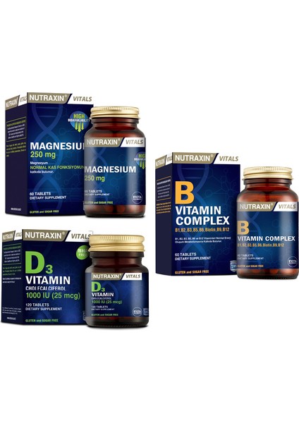 D3 Vitamini 1000 Iu 120 Tablet + B Vitamin Complex 60 Tablet + Magnesium 250 Mg 60 Tablet