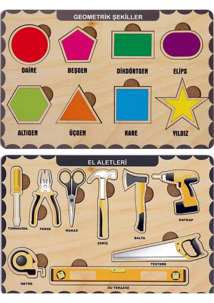Ahşap Bul Tak Eğitici 2 Adet Yapboz Puzzle Seti