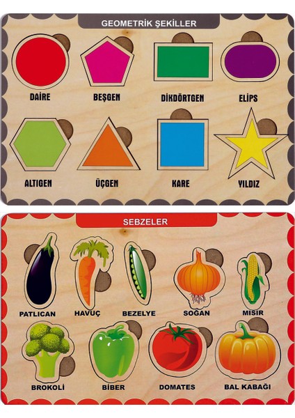 Ahşap Bul Tak Eğitici 2 Adet Yapboz Puzzle Seti