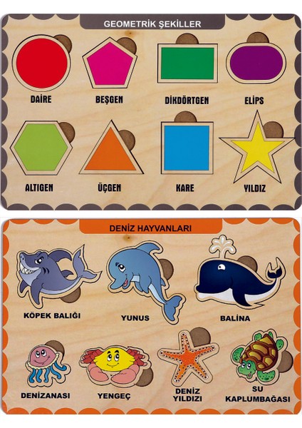 Ahşap Bul Tak Eğitici 2 Adet Yapboz Puzzle Seti