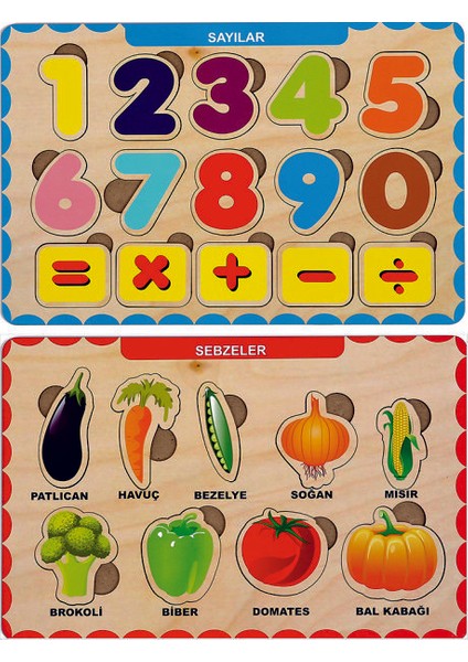 Ahşap Bul Tak Eğitici 2 Adet Yapboz Puzzle Seti