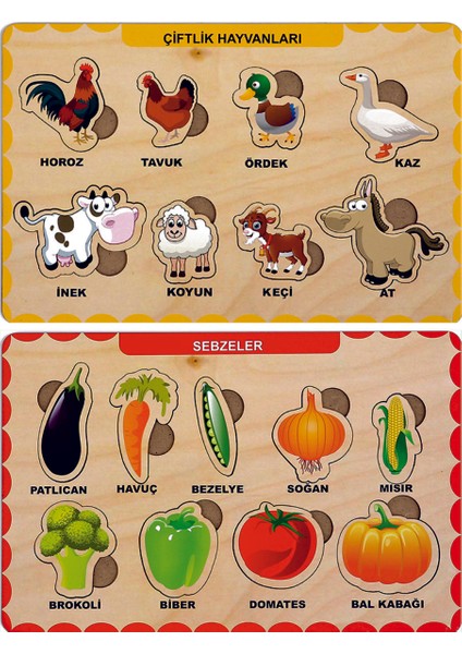 Ahşap Bul Tak Eğitici 2 Adet Yapboz Puzzle Seti