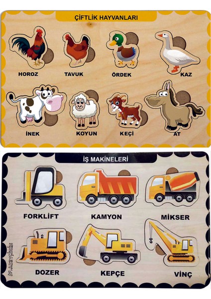 Ahşap Bul Tak Eğitici 2 Adet Yapboz Puzzle Seti