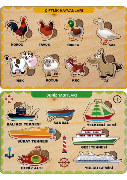 Ahşap Bul Tak Eğitici 2 Adet Yapboz Puzzle Seti