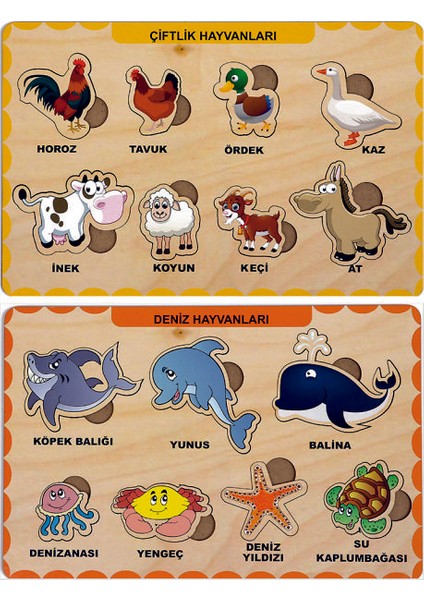 Ahşap Bul Tak Eğitici 2 Adet Yapboz Puzzle Seti