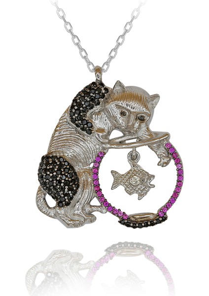 Siyah Taşlı Akvaryumda Balık Yakalayan Kedi Gümüş Kolye