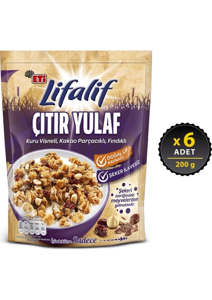 Lifalif Çıtır Yulaf Vişneli, Kakaolu, Fındıklı 200 g x 6 Adet