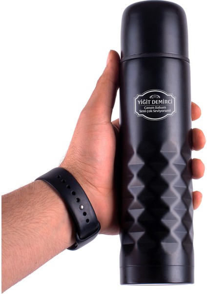 Babaya Hediye Çift Katlı Kapaklı Siyah Çelik Termos Matara 0.50 Litre