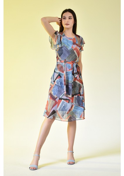 Kadın Mavi Bel Kuşaklı Gül Desenli Şifon Elbise