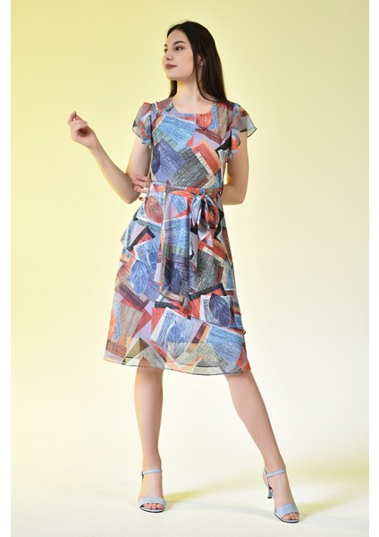 Kadın Mavi Bel Kuşaklı Gül Desenli Şifon Elbise fiyatları