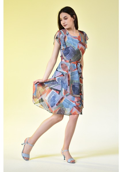 Kadın Mavi Bel Kuşaklı Gül Desenli Şifon Elbise modelleri