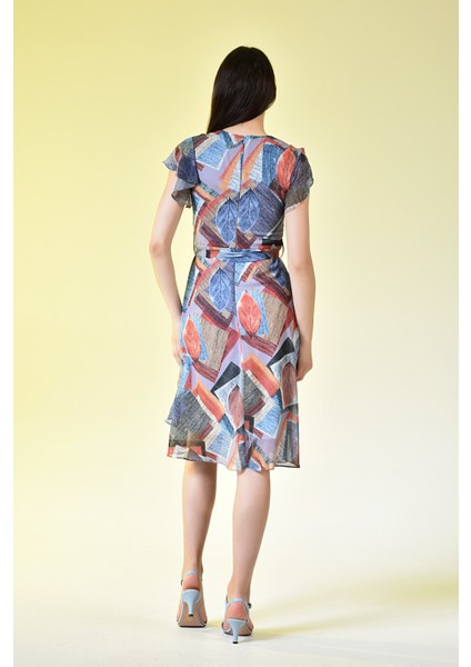 Kadın Mavi Bel Kuşaklı Gül Desenli Şifon Elbise fırsatları