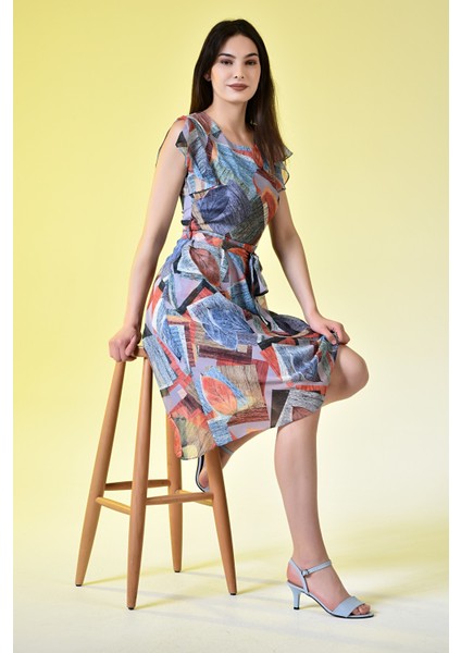 Kadın Mavi Bel Kuşaklı Gül Desenli Şifon Elbise indirimleri