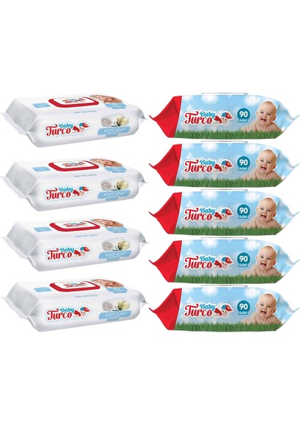 Baby Turco Islak Havlu Mendil 90 Yaprak Plastik Kapaklı Karma 9 Lu Set (Klasik-Beyaz Sabun)