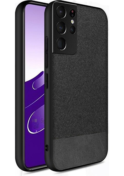 Samsung Galaxy S21 Ultra Fabrik Serisi Kumaş ve Deri Desen Kılıf - Siyah