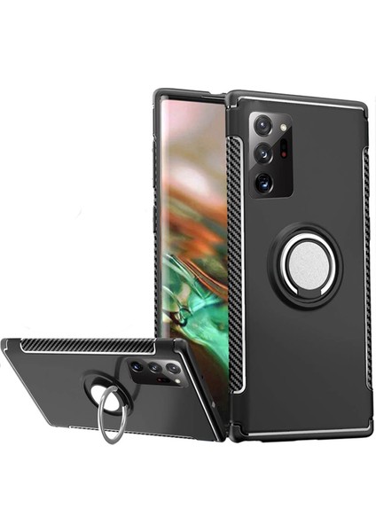 Samsung Galaxy Note 20 Ultra Yüzük Standlı Armor Silikon Kılıf - Siyah