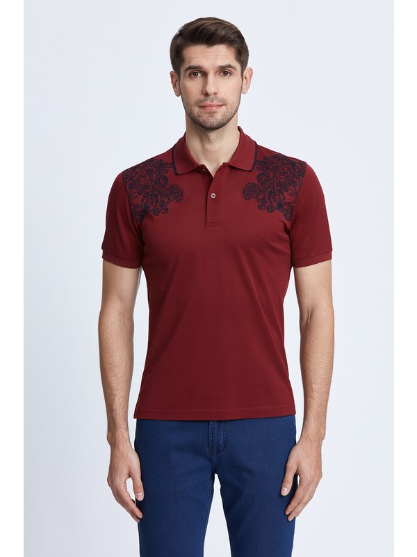 Cortigiano in Bottega Bordo Jakar Desenli Polo Yaka T-Shirt