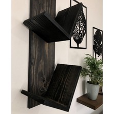 O&A Wood Doğal Ahşap Kitaplık, Dekoratif Tasarım Ahşap Vintage Kitaplık, Siyah