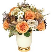 Nettenevime Yapay Çiçek Aranjmanı Gold-Krem Vazolu Somon Yeşil Güllü Nişan Çiçeği Isteme Çiçeği Masa Üstü Çiçeği Arajman
