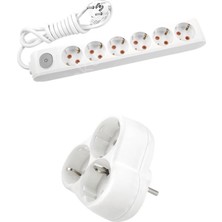 Beyaz Set Multi-Let 6'lı Anahtarlı Topraklı Ç.k. Grup Priz  2 Metre + 3'lü Yonca Fiş-Priz