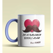 Hediye Zengini Kişiye Özel Iyiki Babamsın Bıyıklı Adam Tema Mavi Kupa Bardak